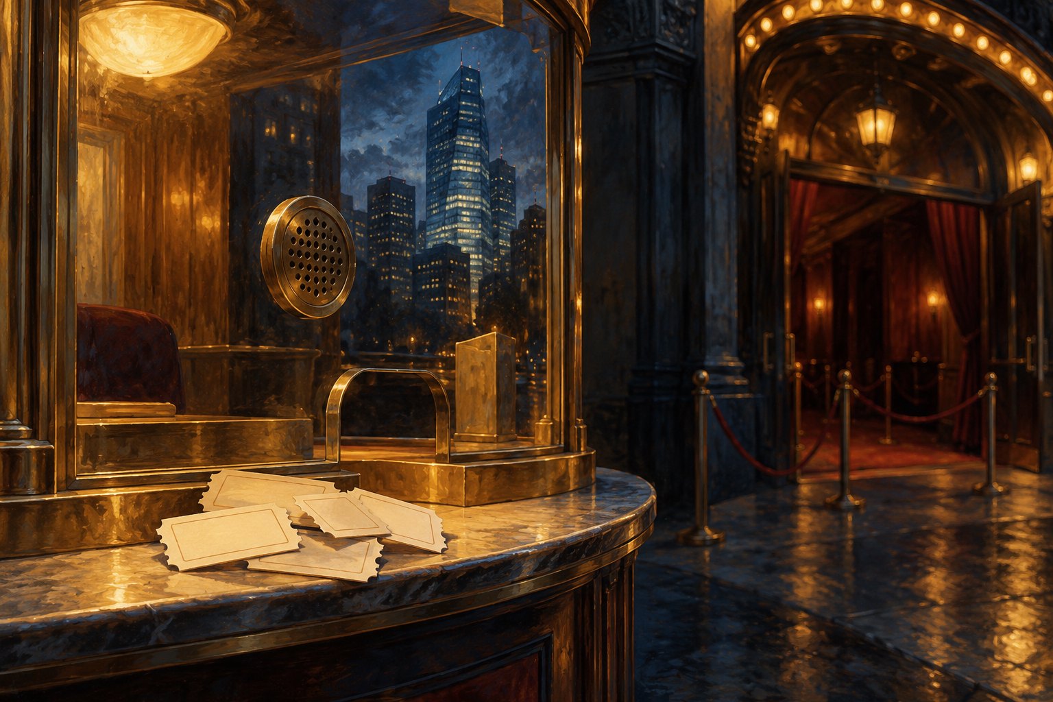 Editorial illustration of a warmly lit cinema ticket booth with blank tickets and a corporate tower reflected in the glass.