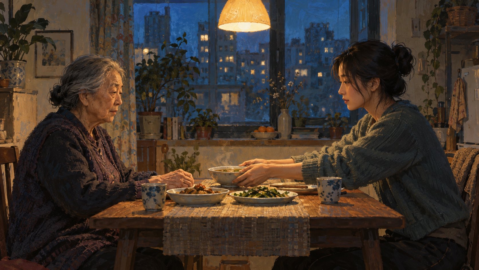 概念插畫:兩名不同世代的女性相對而坐,年輕女子將湯碗推向長者,呈現餐桌上的細微互動