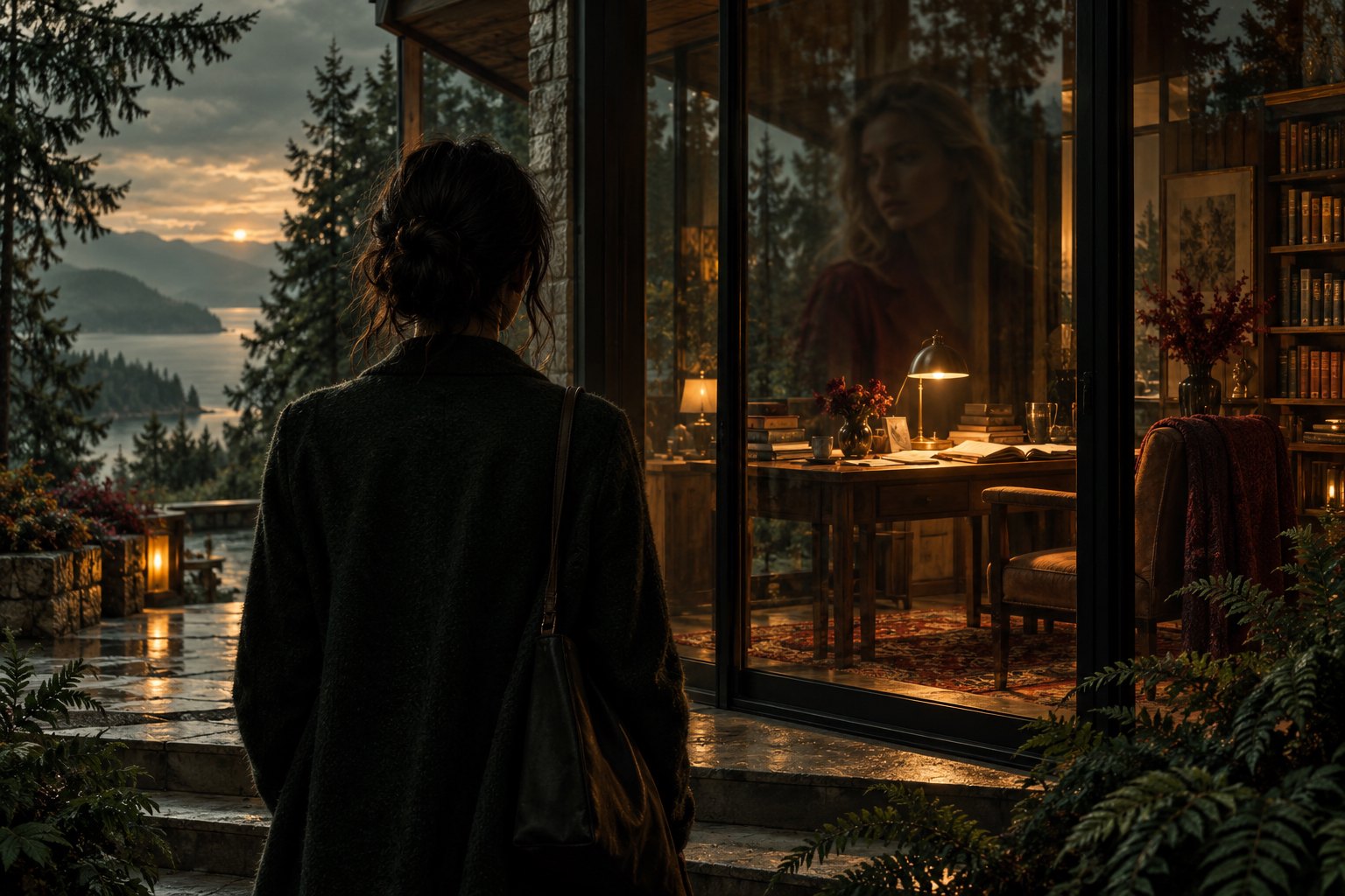 Symbolic illustration of a woman outside a woodland house, with a second woman's reflection above a warmly lit writing desk.