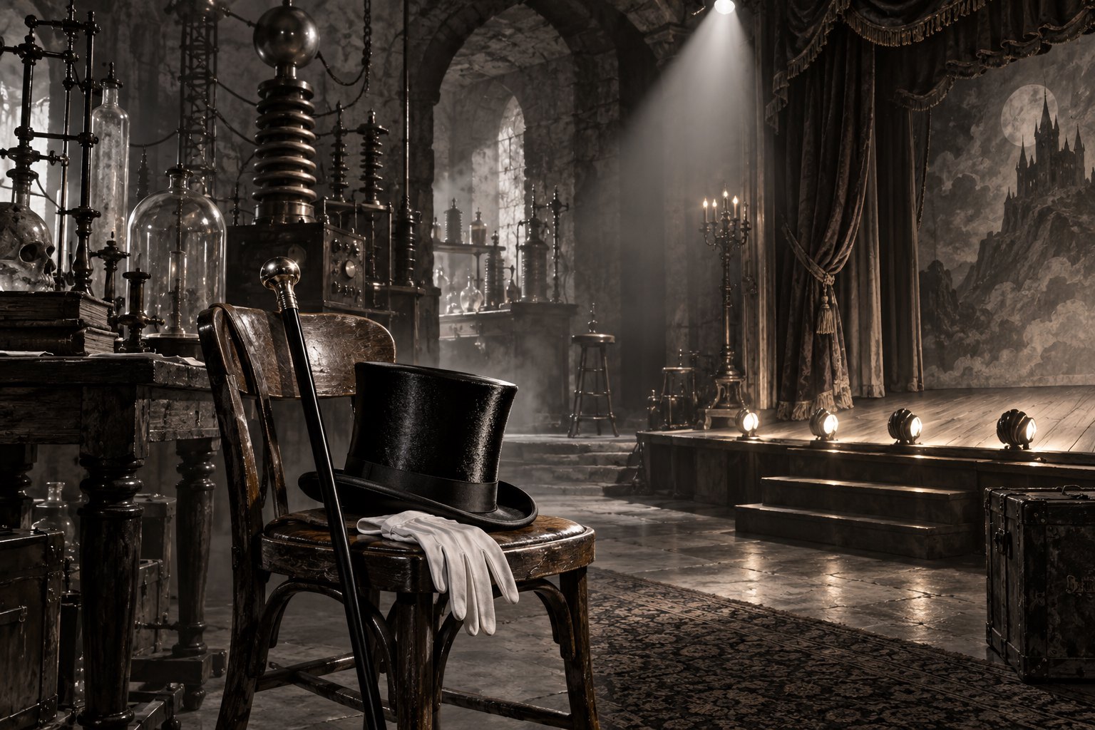 A top hat, white gloves, and cane sit beside antique laboratory equipment and an empty theatrical stage.