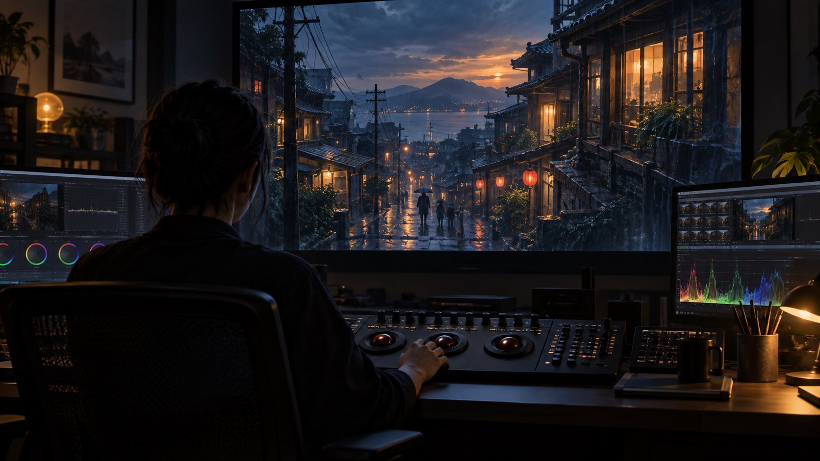 調光工作概念插畫:幕後工作者面向雨夜街景螢幕,操作調光控制台