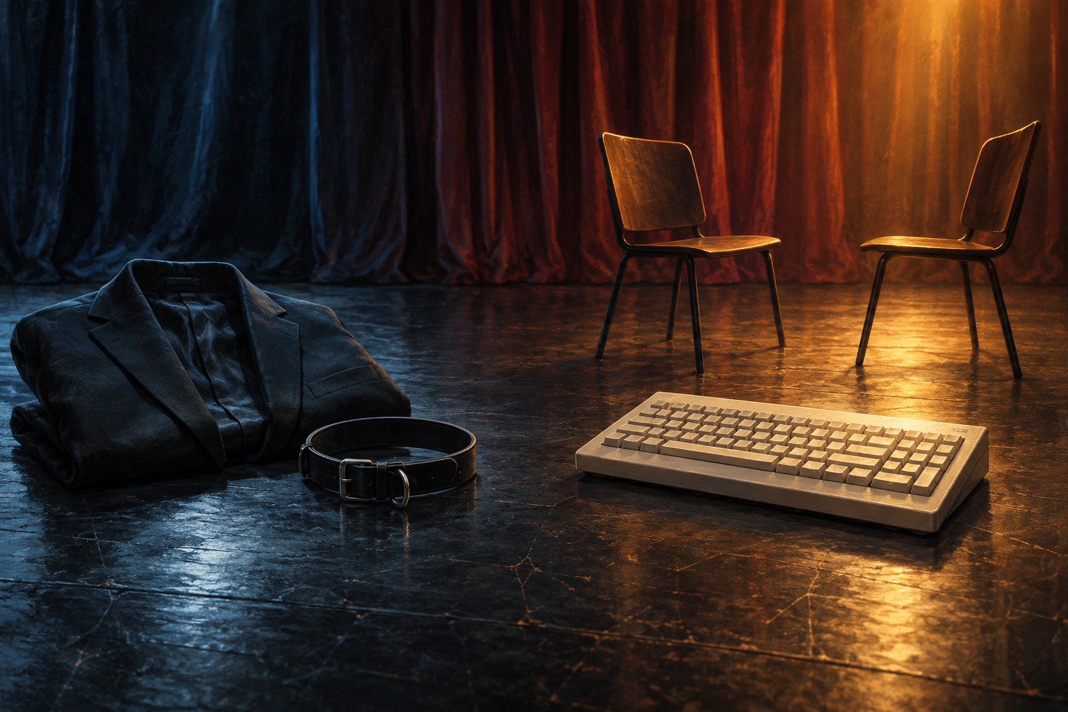 Conceptual illustration of a black jacket, dog collar, vintage keyboard, and two empty chairs under blue and amber theater lighting.