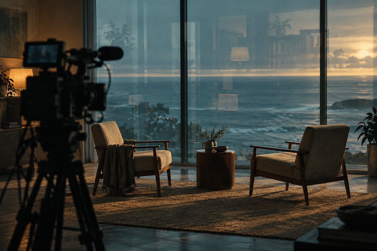 Conceptual illustration of a documentary camera facing two empty chairs beside an ocean-view window with layered reflections.