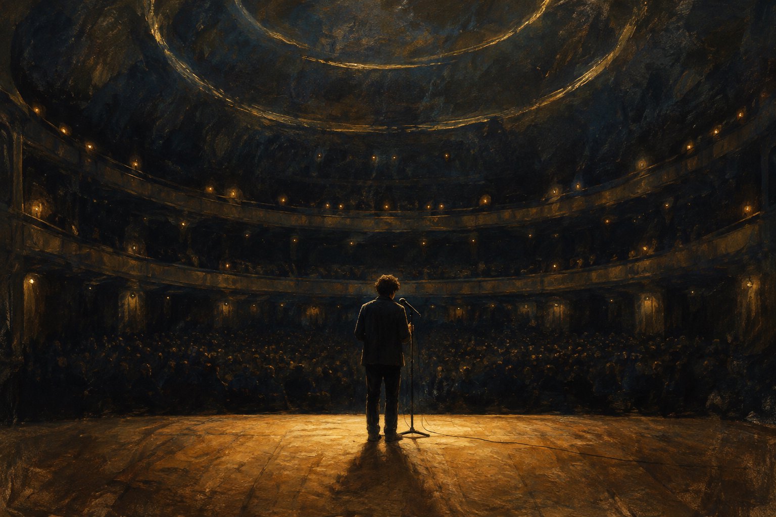 Conceptual illustration of a lone singer at a microphone facing a dark auditorium from an amber-lit stage.