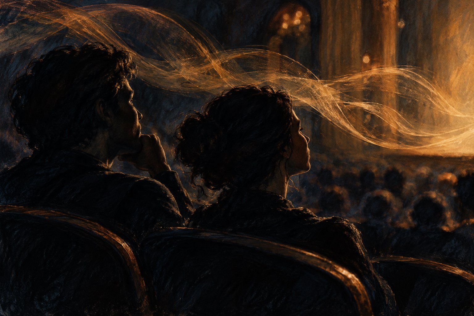 Conceptual illustration of two audience members listening in a dark auditorium as golden brushstrokes suggest sound.