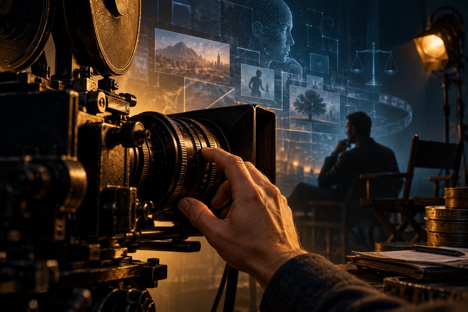 Conceptual illustration of a hand adjusting a cinema camera amid warm studio light and abstract digital patterns.
