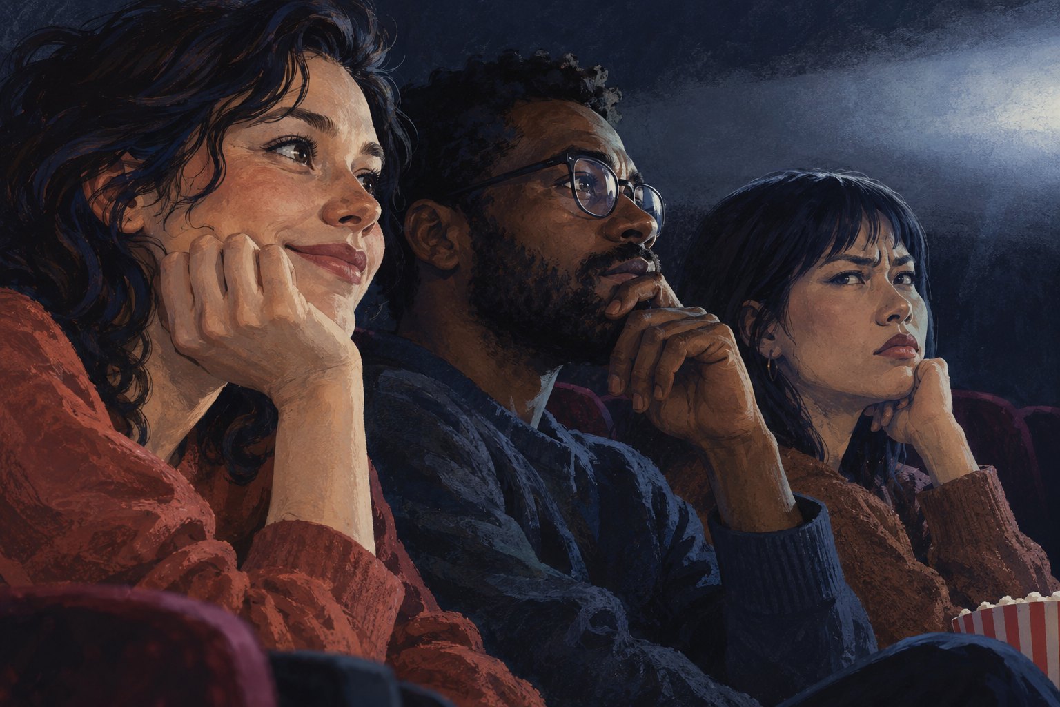 Conceptual illustration of three moviegoers reacting with amusement, concentration, and skepticism under the light of a cinema screen.