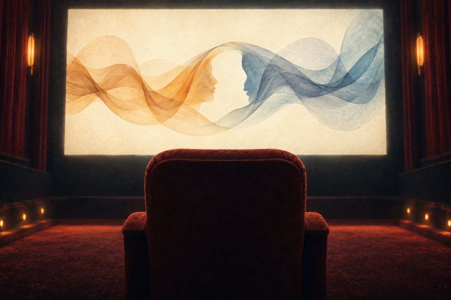 An empty cinema chair faces a screen where amber and blue ribbons form opposing profiles.