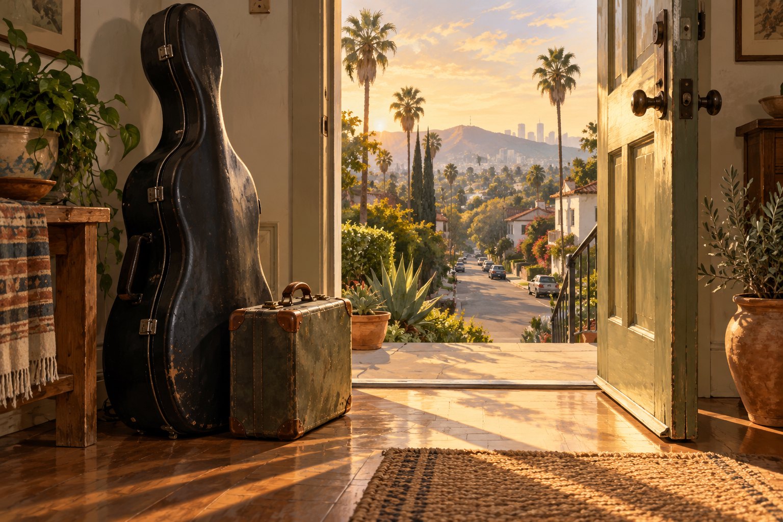 Conceptual illustration of a worn cello case and suitcase beside an open doorway overlooking a sunlit Los Angeles neighborhood.