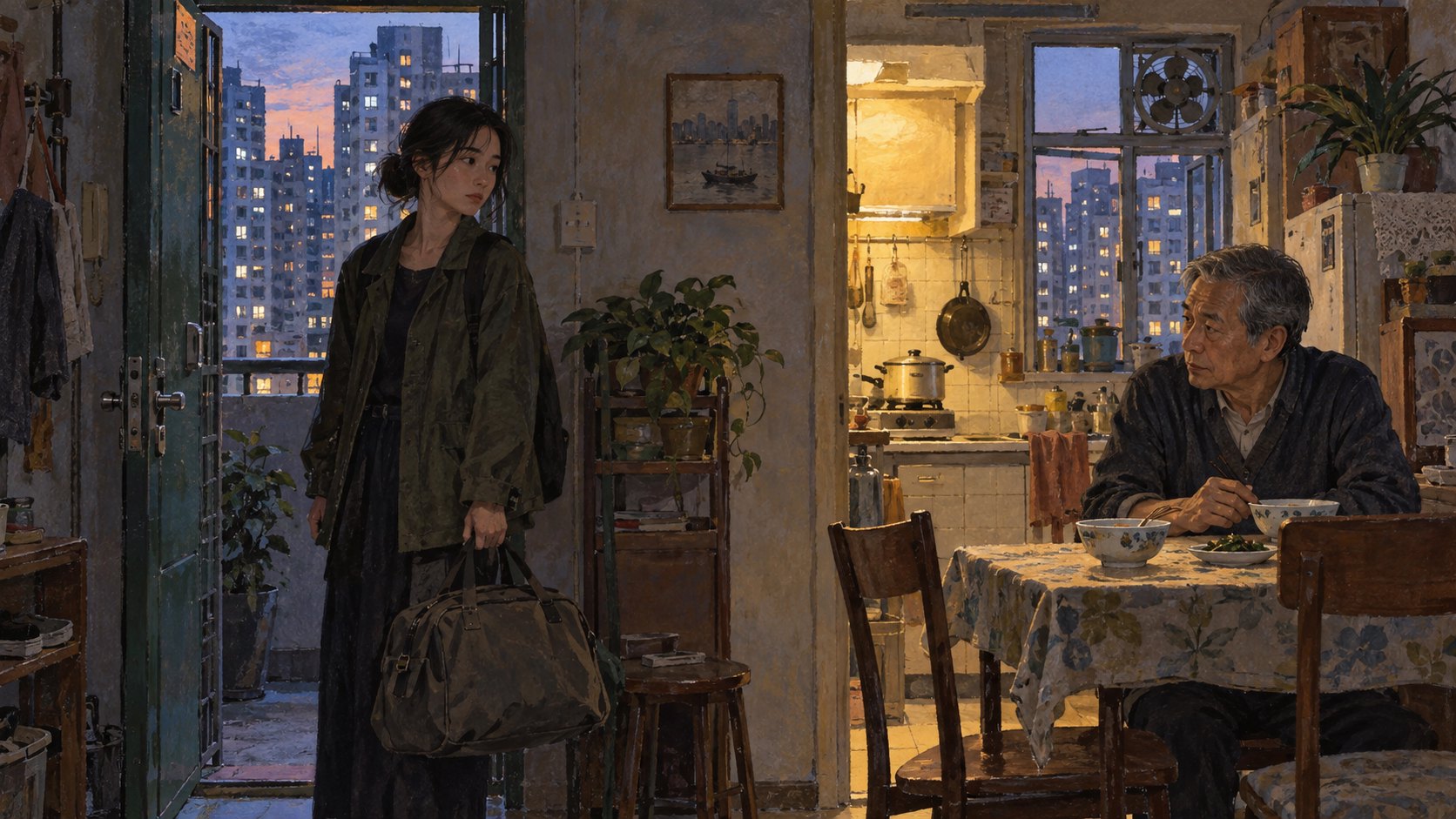 概念插畫:提著旅行袋的女子站在公寓門邊,與餐桌旁的長者相望,呈現空間與人物關係的張力,非參展電影劇照