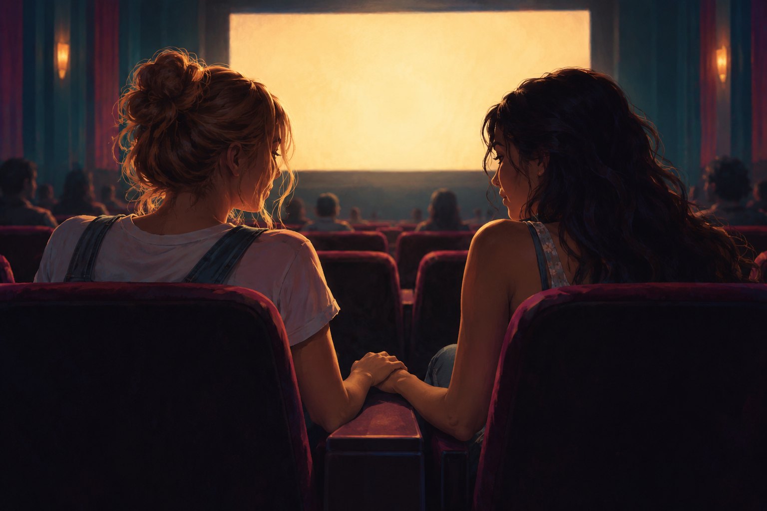 Conceptual illustration of two women sharing a quiet moment in a movie theater illuminated by warm screen light.