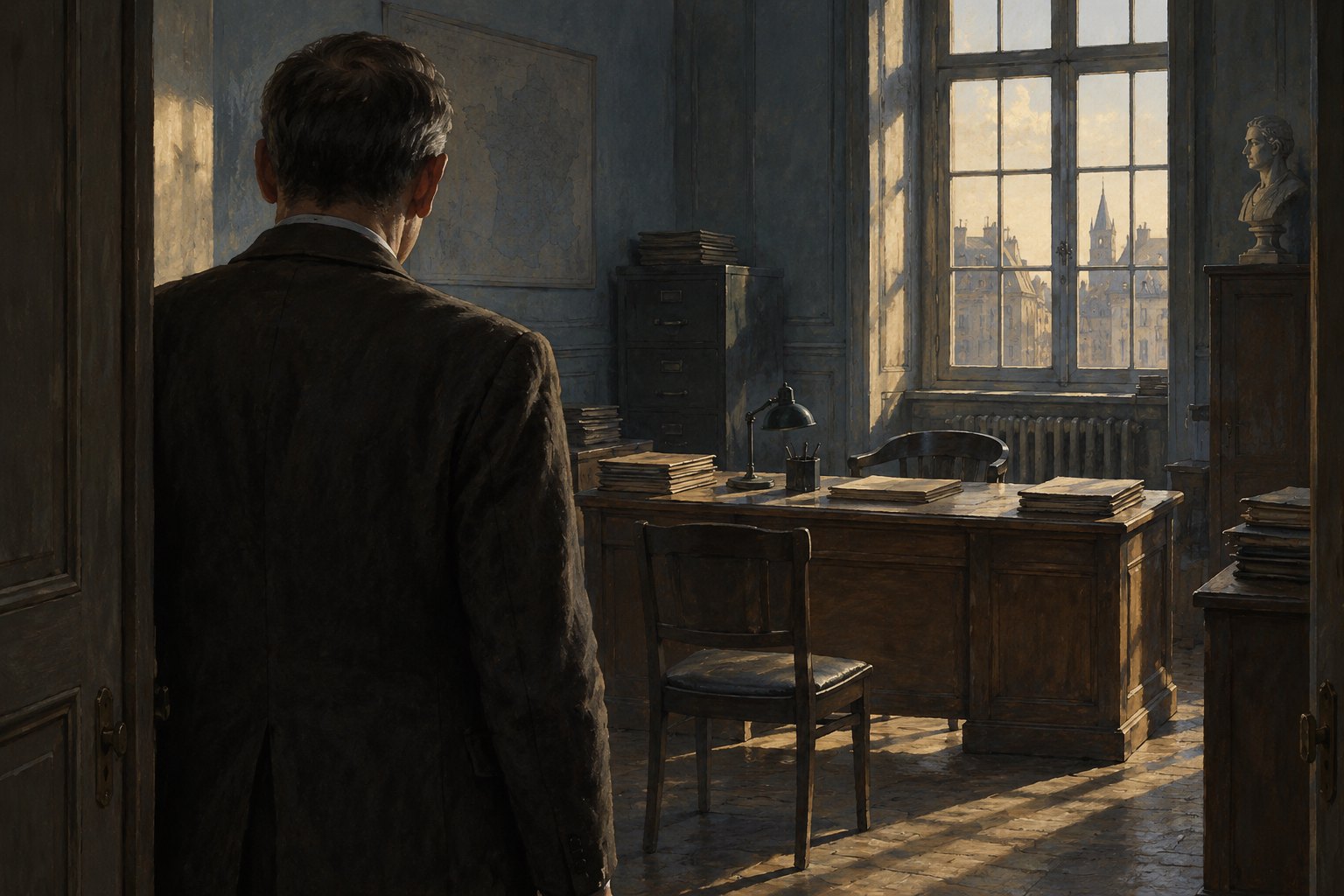 Editorial illustration of a civilian clerk standing in the doorway of a shadowy 1940s French administrative office.