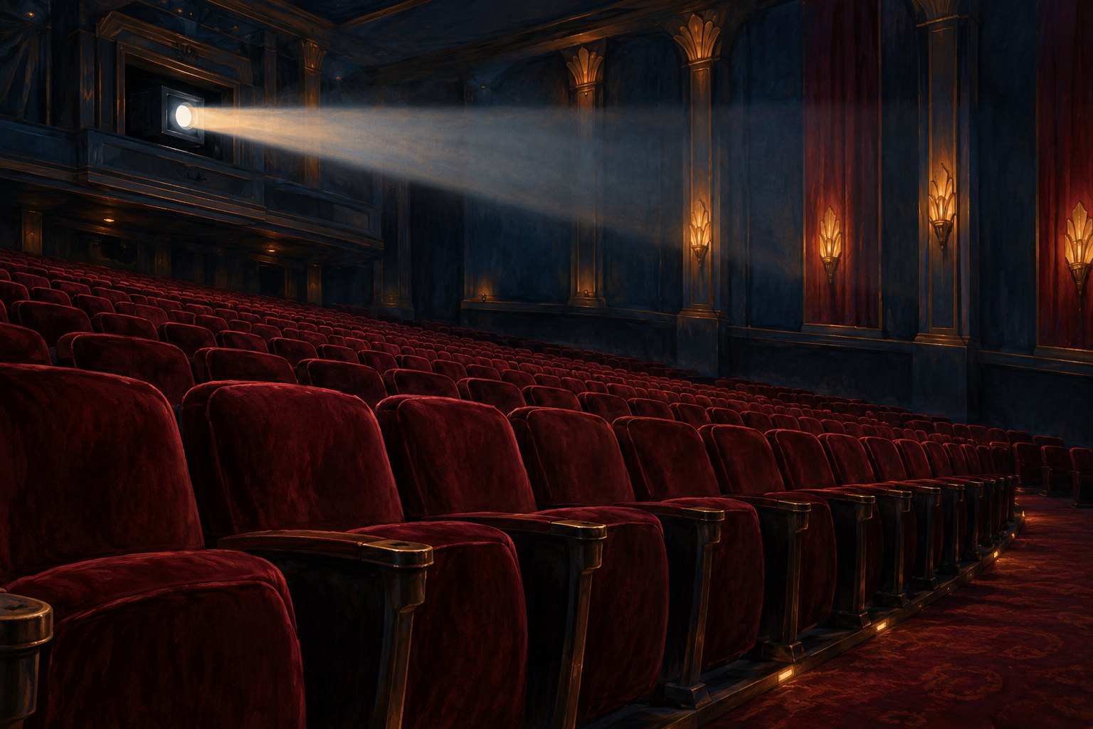 Conceptual illustration of an empty burgundy-seated movie theater illuminated by a golden projector beam.