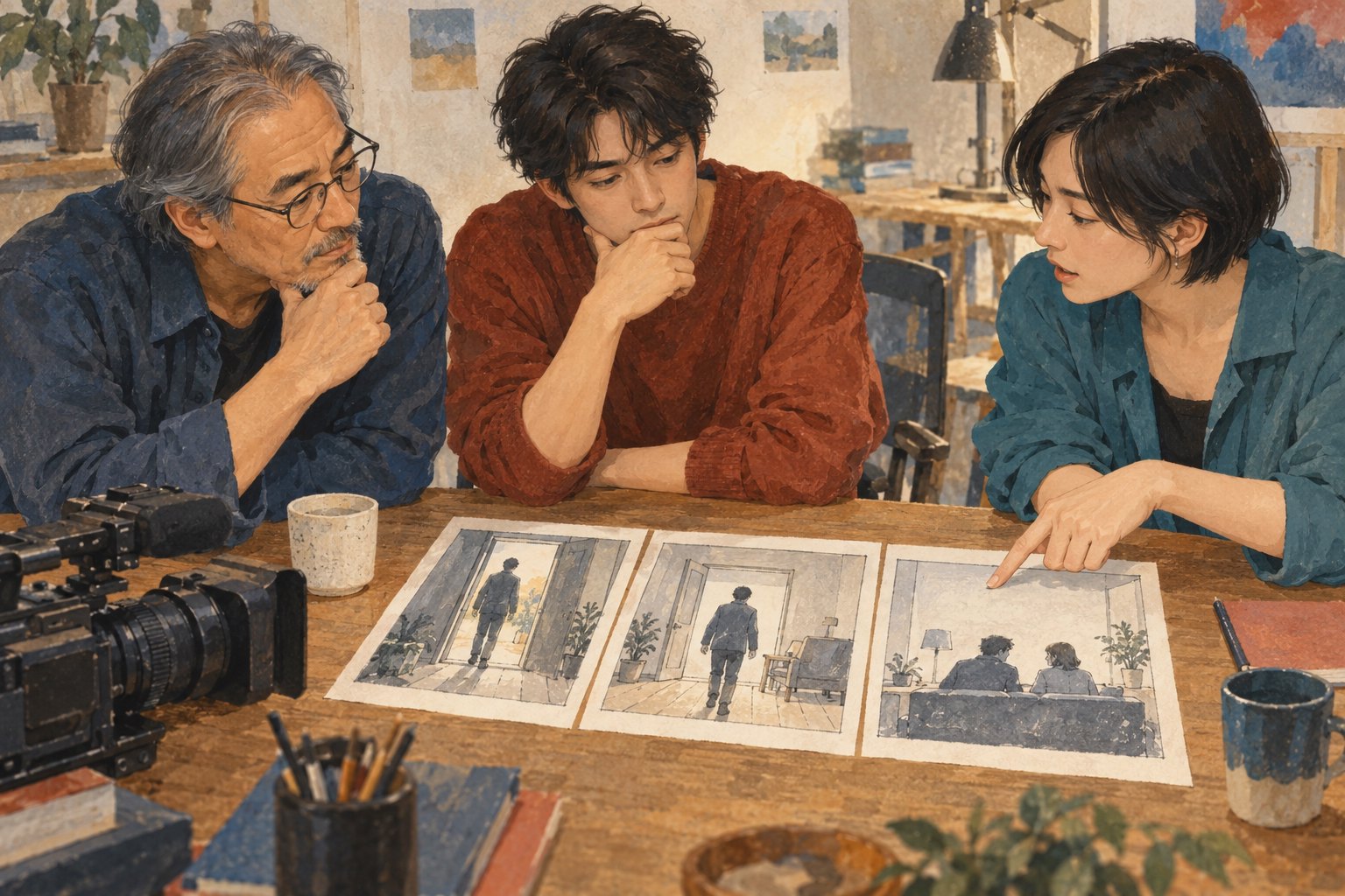 三位不同年龄的创作者围坐木桌讨论人物分镜的概念插画
