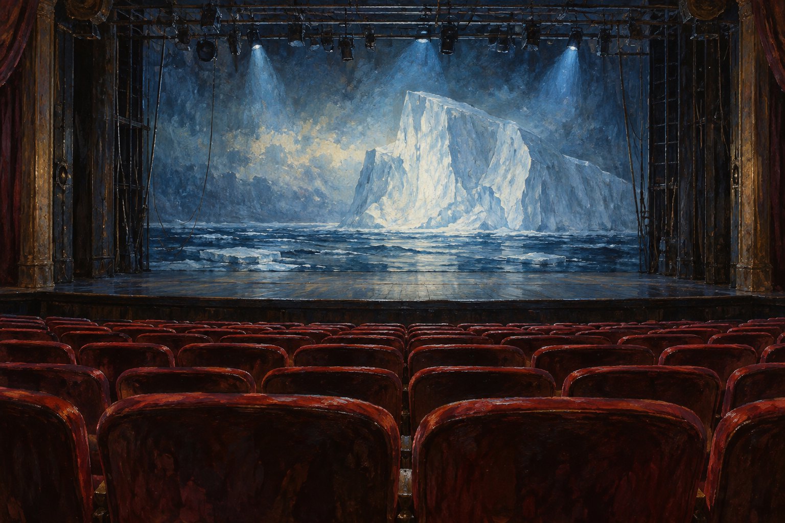 Conceptual illustration of empty crimson theater seats facing a painted iceberg backdrop beneath exposed stage rigging.