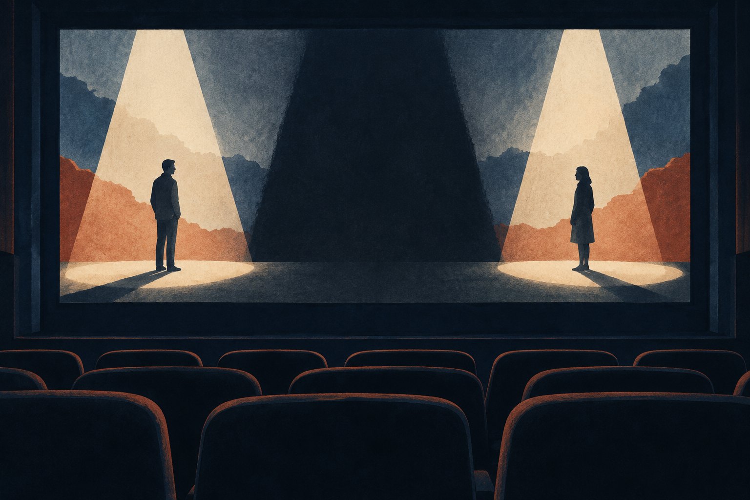 Conceptual illustration of an empty theater facing a screen with two anonymous figures illuminated separately.
