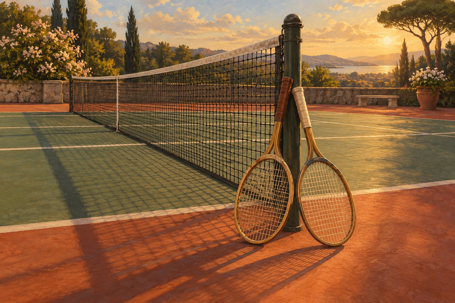 Painterly illustration of two vintage tennis rackets leaning against a net post on an empty court at sunset.