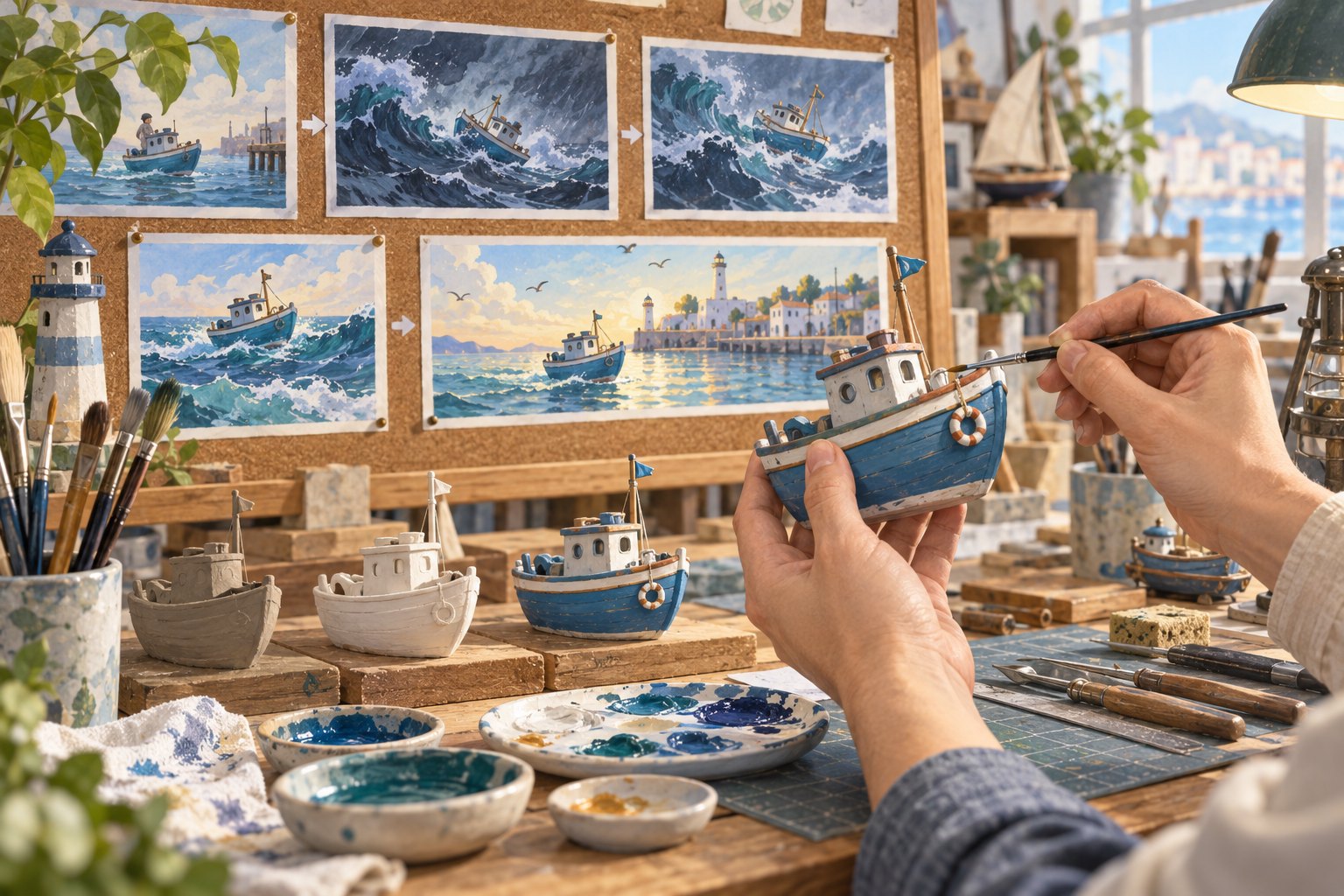 衍生品设计概念插画：双手为蓝色小船模型上色，桌面样品与背景故事分镜相互呼应