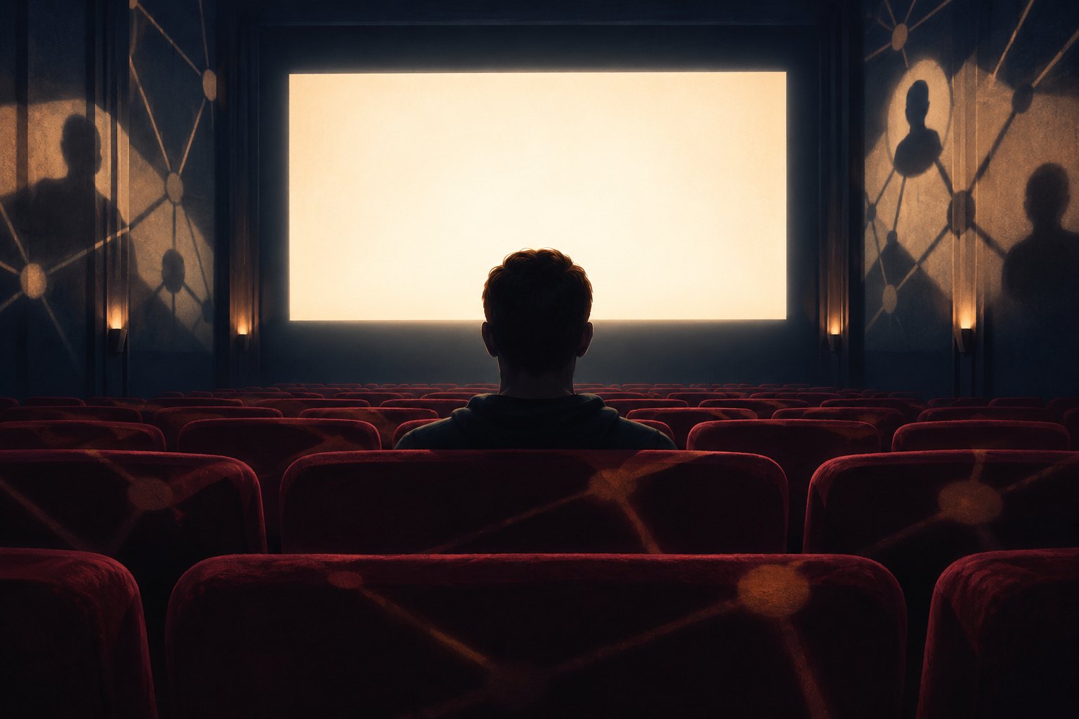 Conceptual illustration of a lone viewer facing a glowing cinema screen beneath network-shaped shadows.