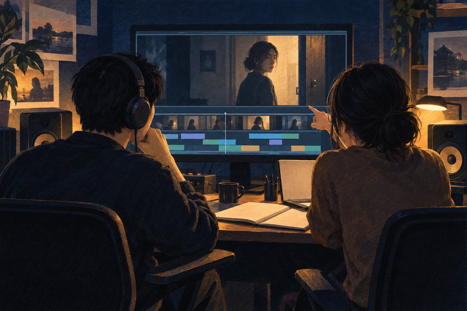 后期教学概念插画:两名青年创作者在剪辑工作室讨论人物表演与镜头选择