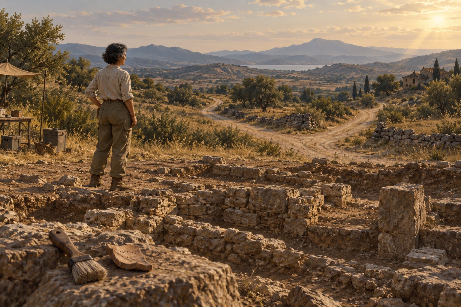 Conceptual illustration of a woman beside an archaeological excavation overlooking winding roads and sunlit hills.