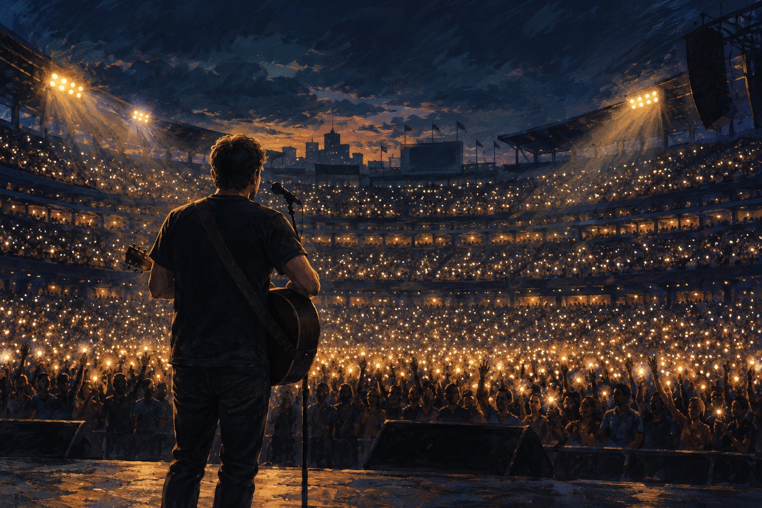 Conceptual illustration of a guitarist seen from behind facing an illuminated stadium audience at night.