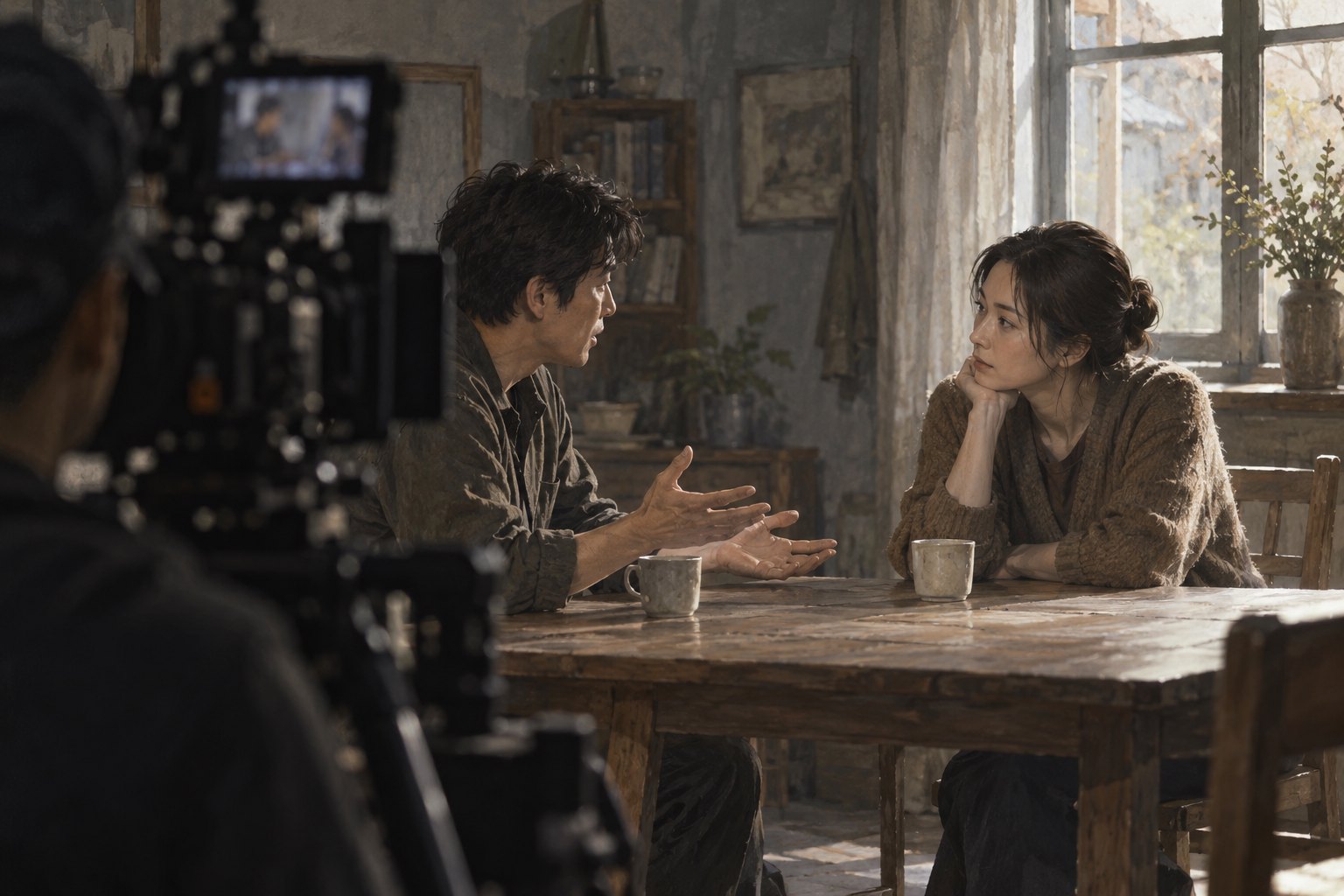 表演观察概念插画：摄影机旁，两位虚构演员在桌边交谈，一人解释，一人倾听