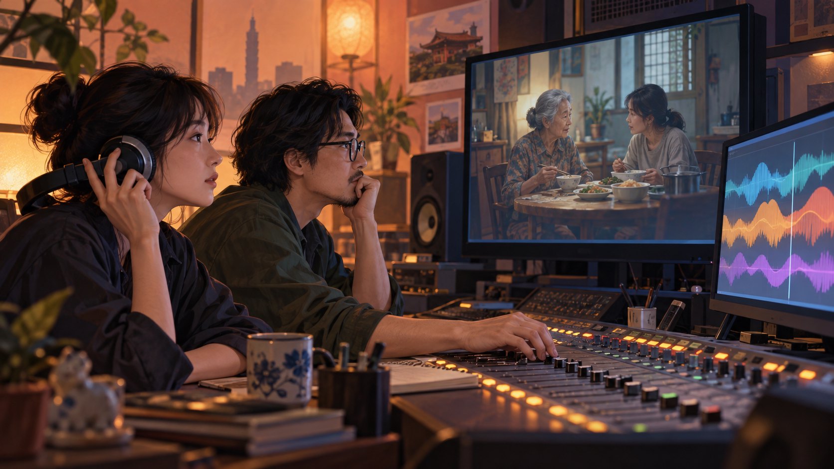 兩名影像工作者在錄音室聆聽家庭對話畫面,呈現跨語言製作重視表演細節的概念插畫