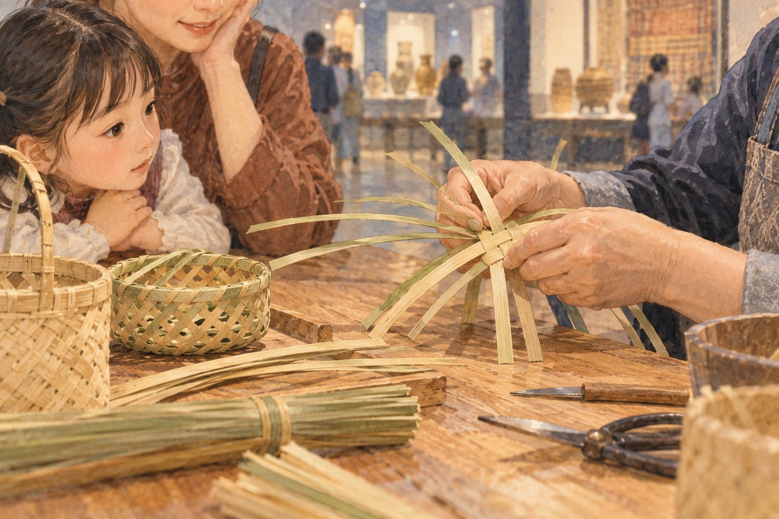 孩子与家长近距离观察竹篾编织步骤的概念插画,非活动现场记录