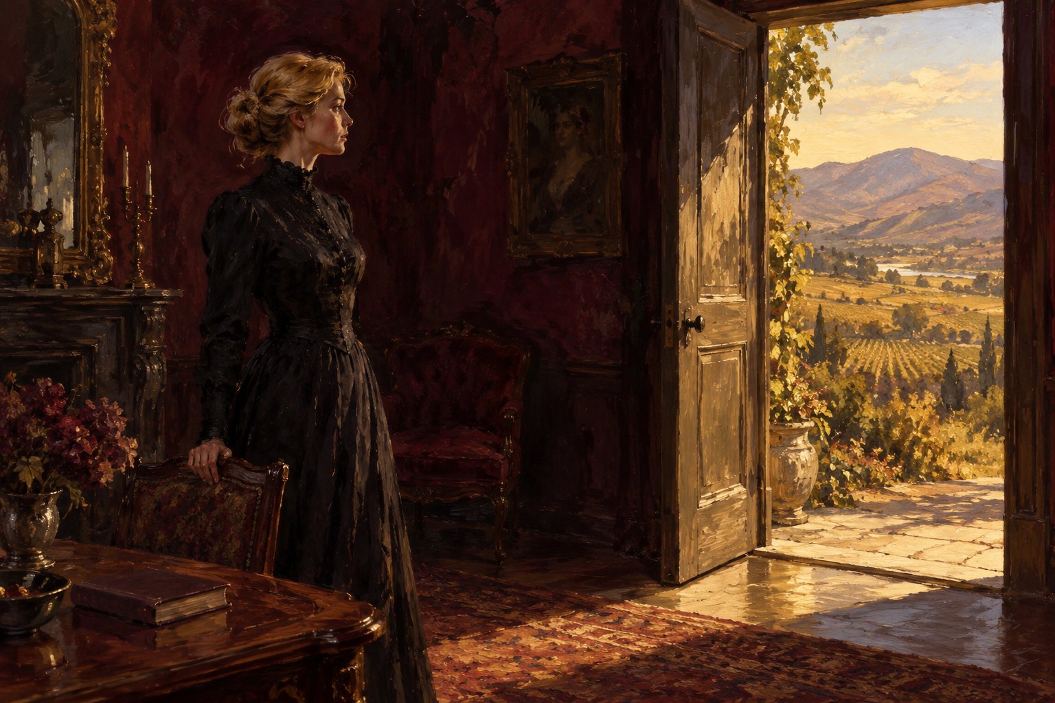 Symbolic painting of a woman in a dark period dress facing an open doorway onto a sunlit California valley.