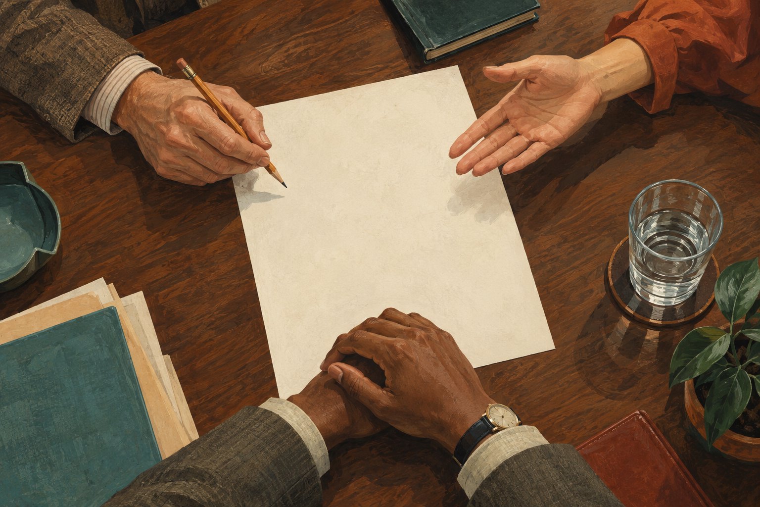 Conceptual illustration of participants' hands gathered around a blank sheet of paper on a wooden conference table.