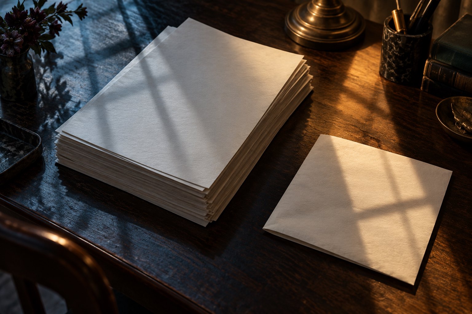 Blank manuscript pages and a separate folded sheet on a dark desk divided by cool shadows and warm light.