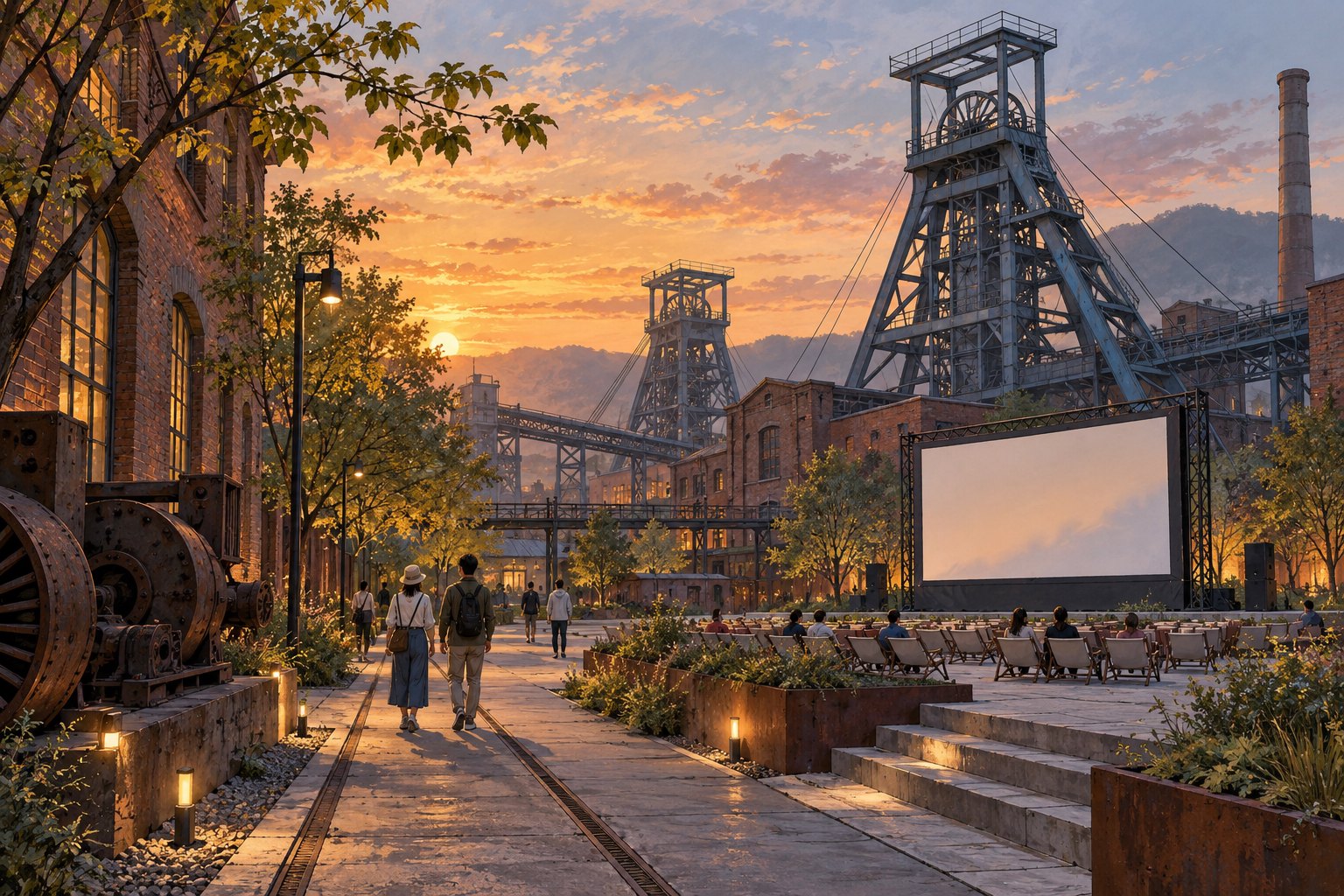 暮色中老矿区井架、砖厂房与露天电影银幕相映的概念插画,非具体景点实景