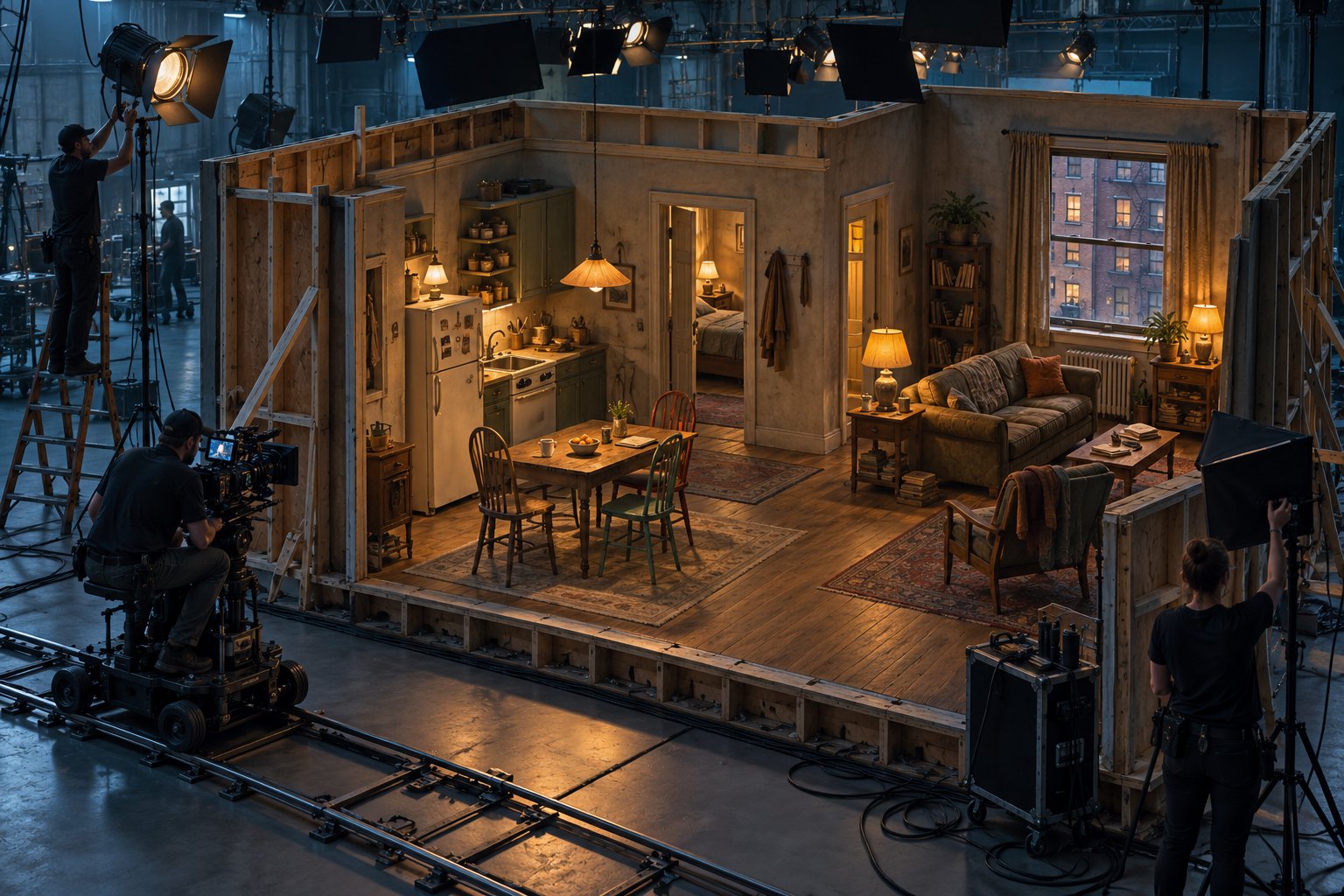 Editorial illustration of a furnished apartment set inside a soundstage, surrounded by exposed framing, overhead lights, and camera equipment.