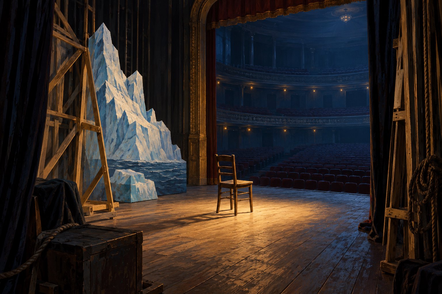Concept illustration of an empty theater stage with an iceberg backdrop, exposed wooden supports, and a chair under a spotlight.