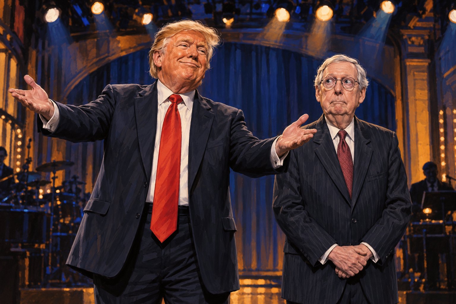 Conceptual illustration of Donald Trump gesturing beside Mitch McConnell on a television comedy stage.