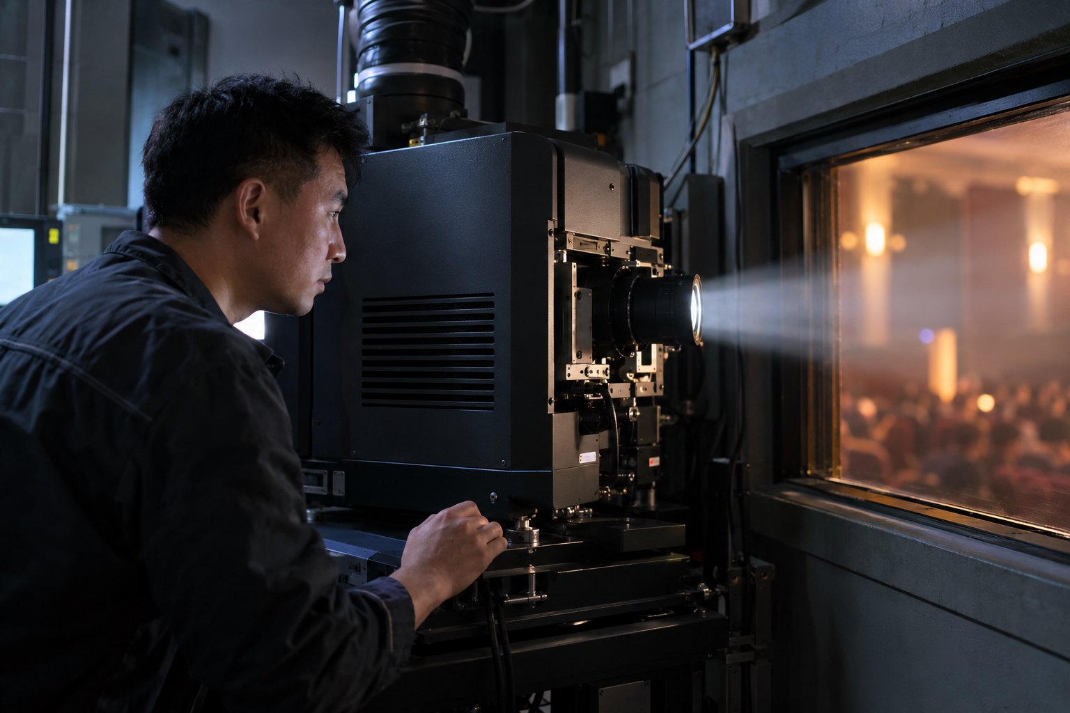 放映维护示意:工作人员在机房查看放映设备,光束穿过窗口投向影厅