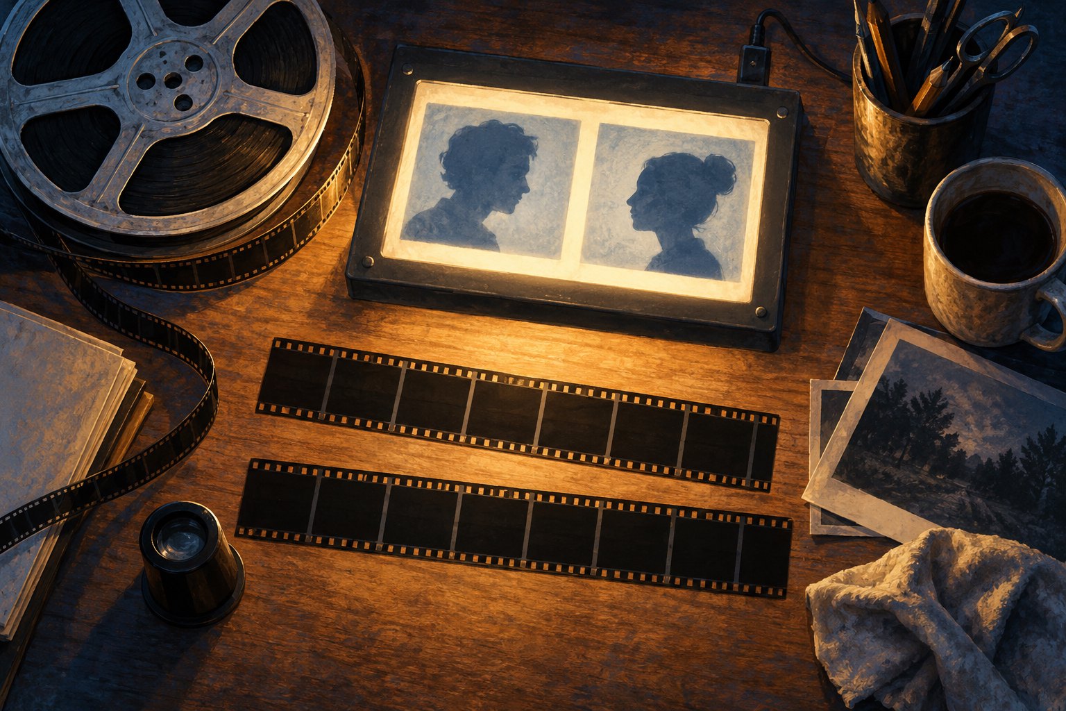 Conceptual illustration of film strips and a reel beside an illuminated panel showing two anonymous profiles facing each other.
