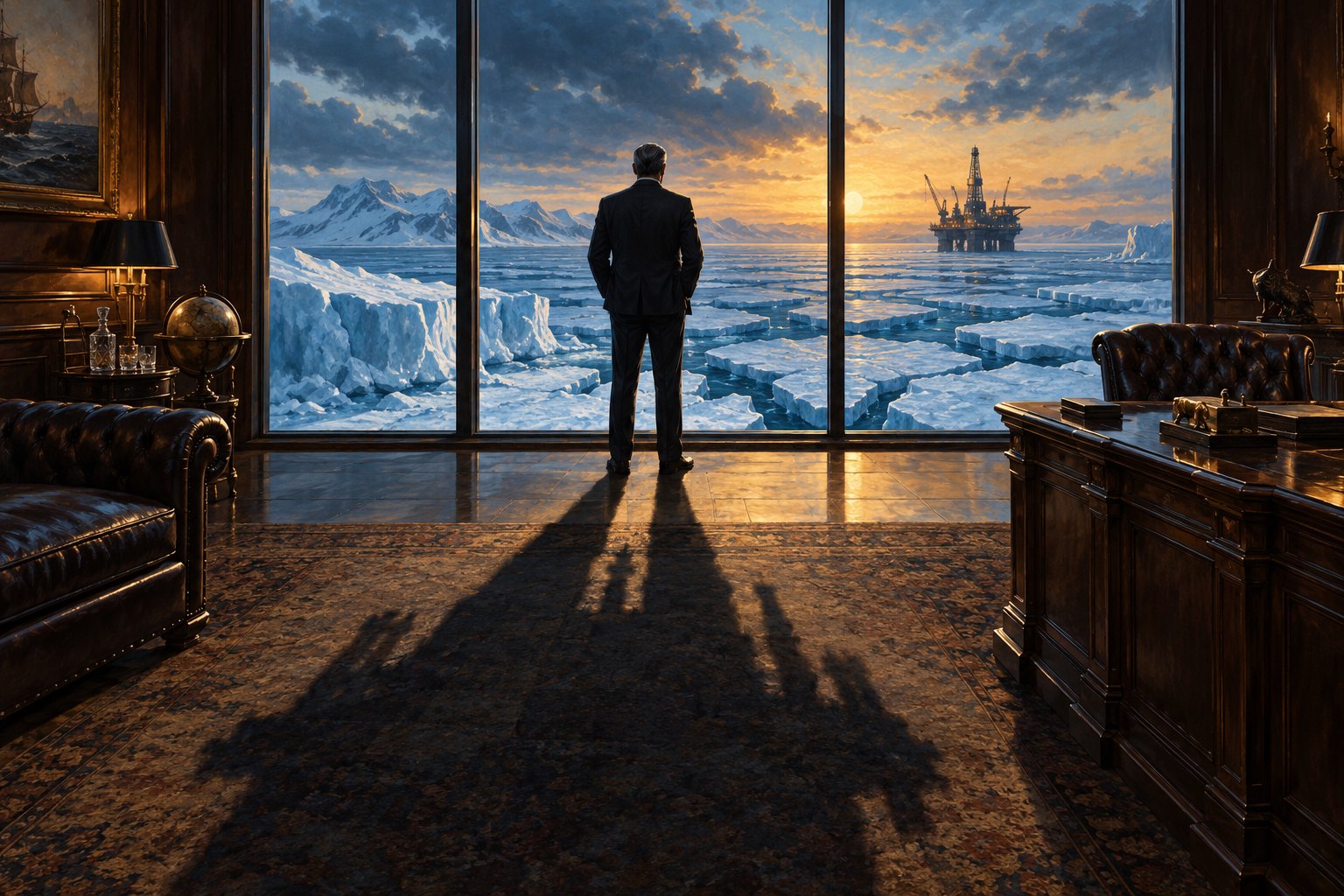 Concept illustration of an oil executive overlooking fractured Arctic ice and a distant drilling platform from a wood-paneled office.