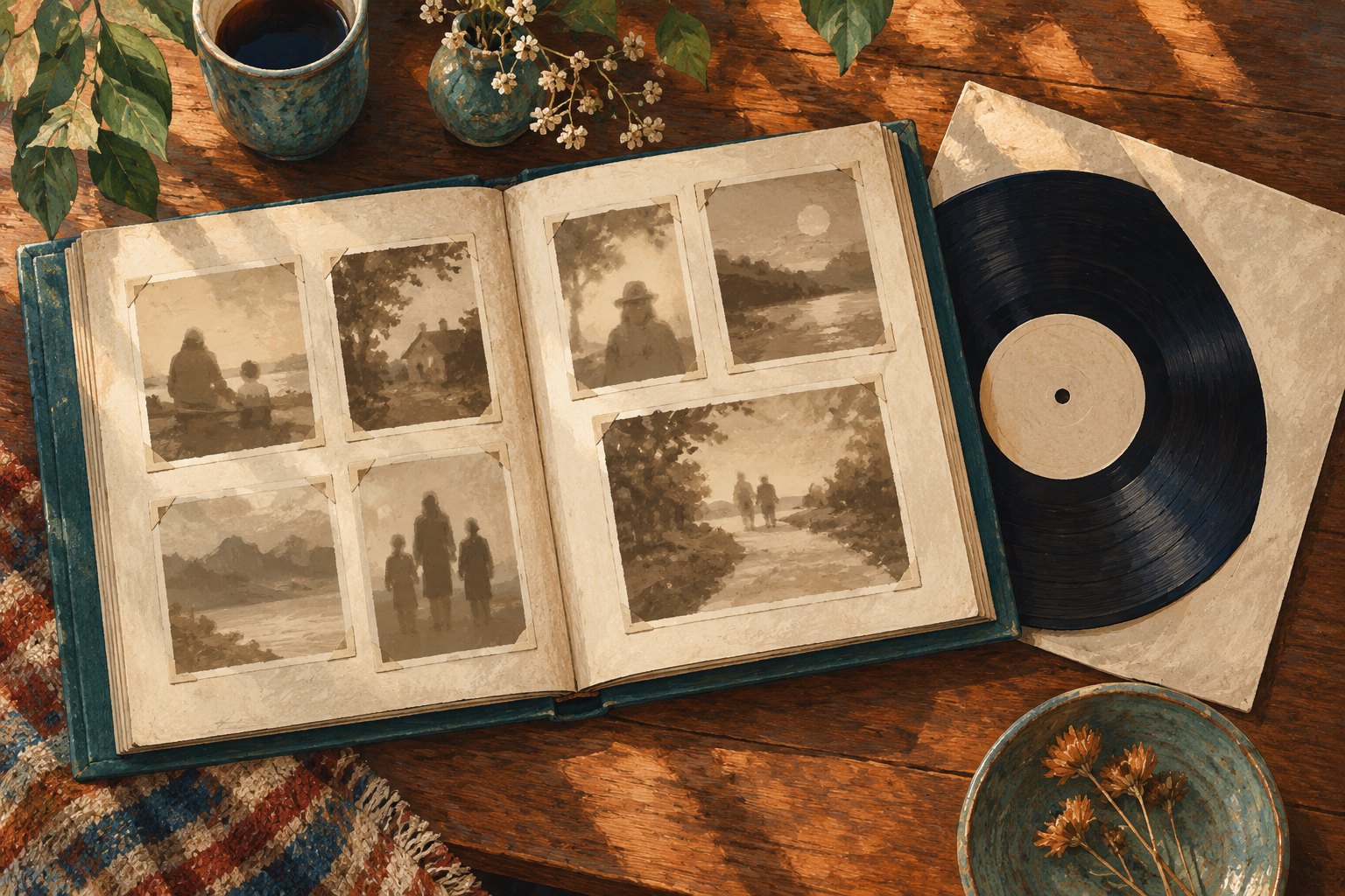 Symbolic illustration of an open family album with indistinct sepia pictures beside an unlabeled vinyl record.