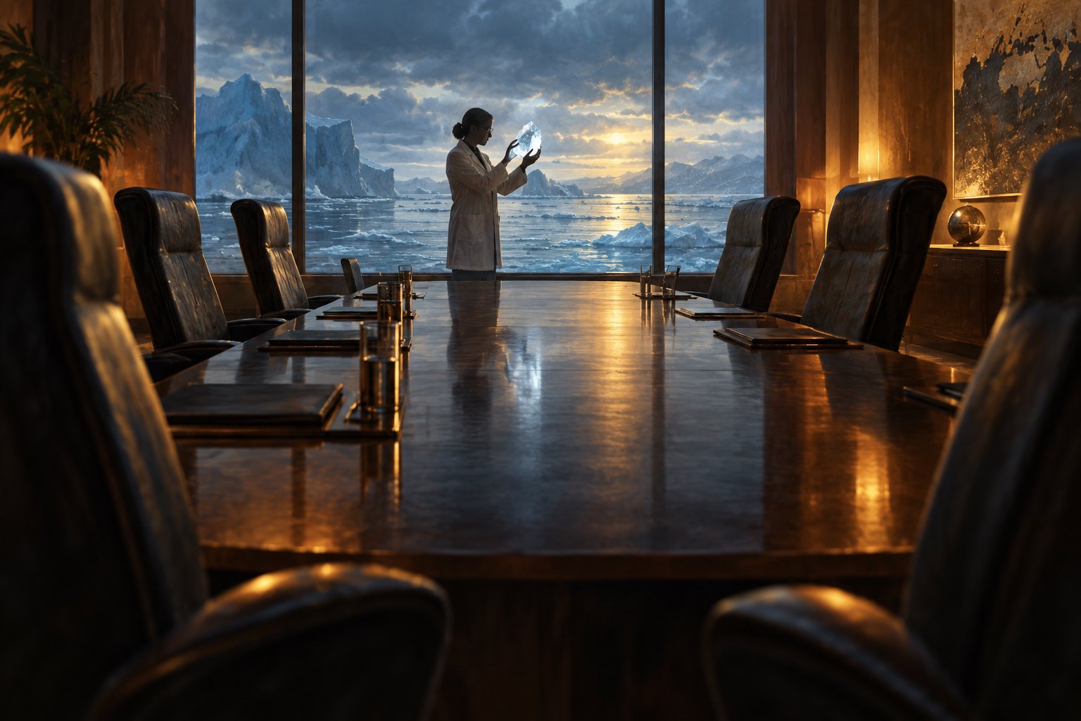 Conceptual illustration of a scientist holding ice at the end of a boardroom table overlooking an icy sea.