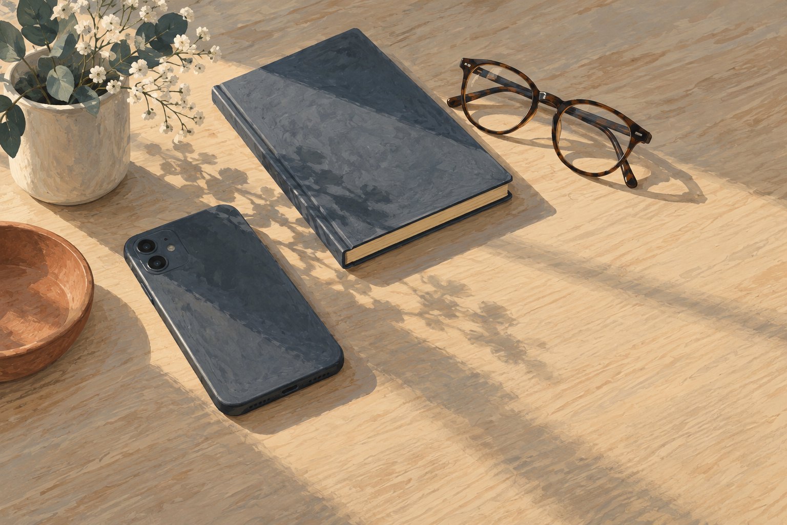 Symbolic illustration of a face-down smartphone, closed notebook, and eyeglasses on a sunlit wooden desk.