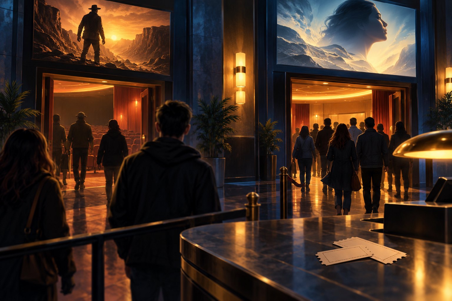 An illustrated movie theater lobby with glowing auditorium entrances, audience silhouettes, and blank tickets at the counter.