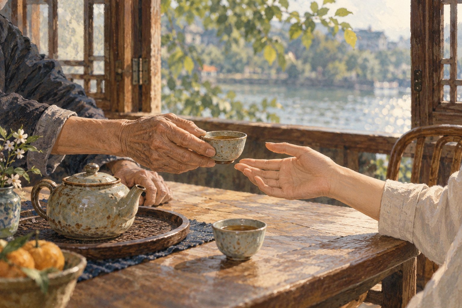 临江木窗旁，长者将茶杯递向年轻人双手的生活场景概念插画
