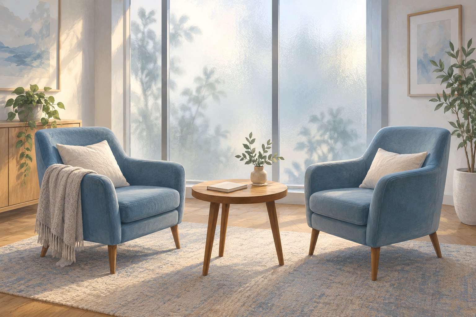 Conceptual illustration of two blue chairs and a closed notebook in a quiet, sunlit consultation room.