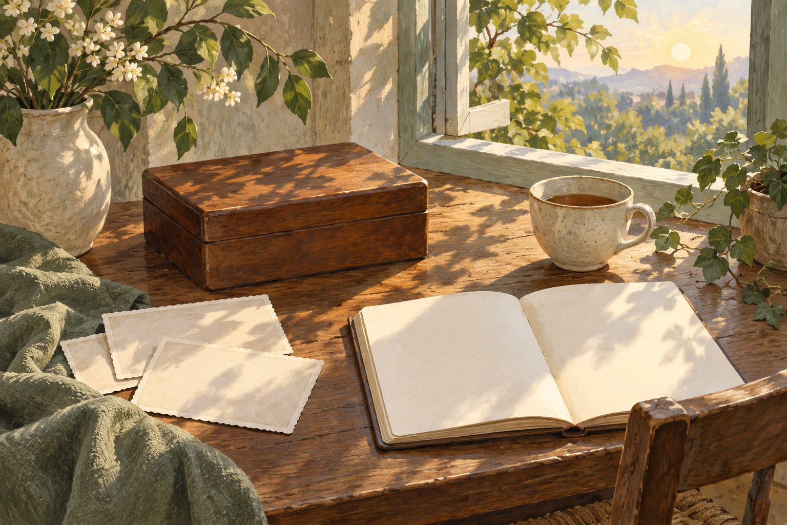A wooden keepsake box, face-down photographs, a teacup, and an open blank notebook rest beside a sunlit window.