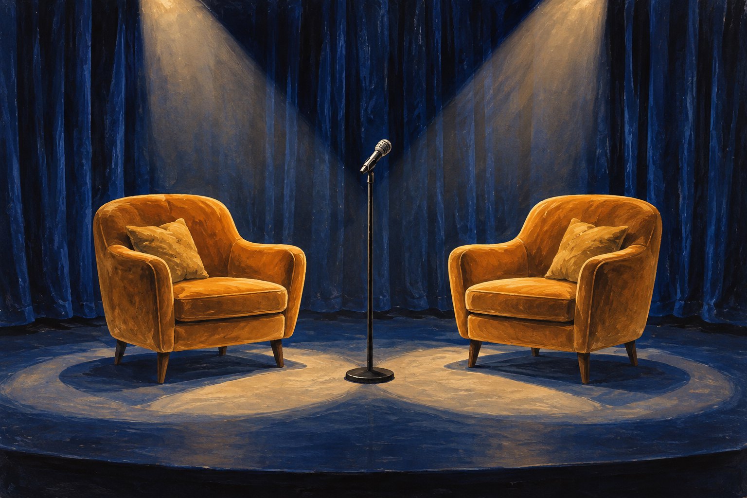 Conceptual illustration of two empty amber armchairs and a microphone under spotlights on a blue theater stage.