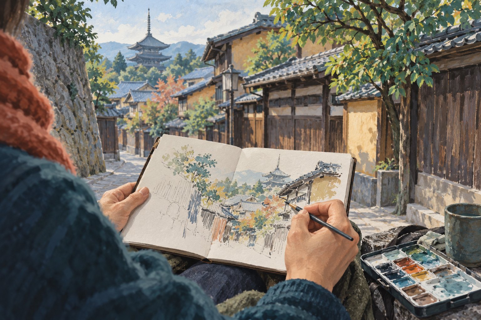 創作者以速寫本描繪京都風格街巷的概念插畫，非實際行程紀錄