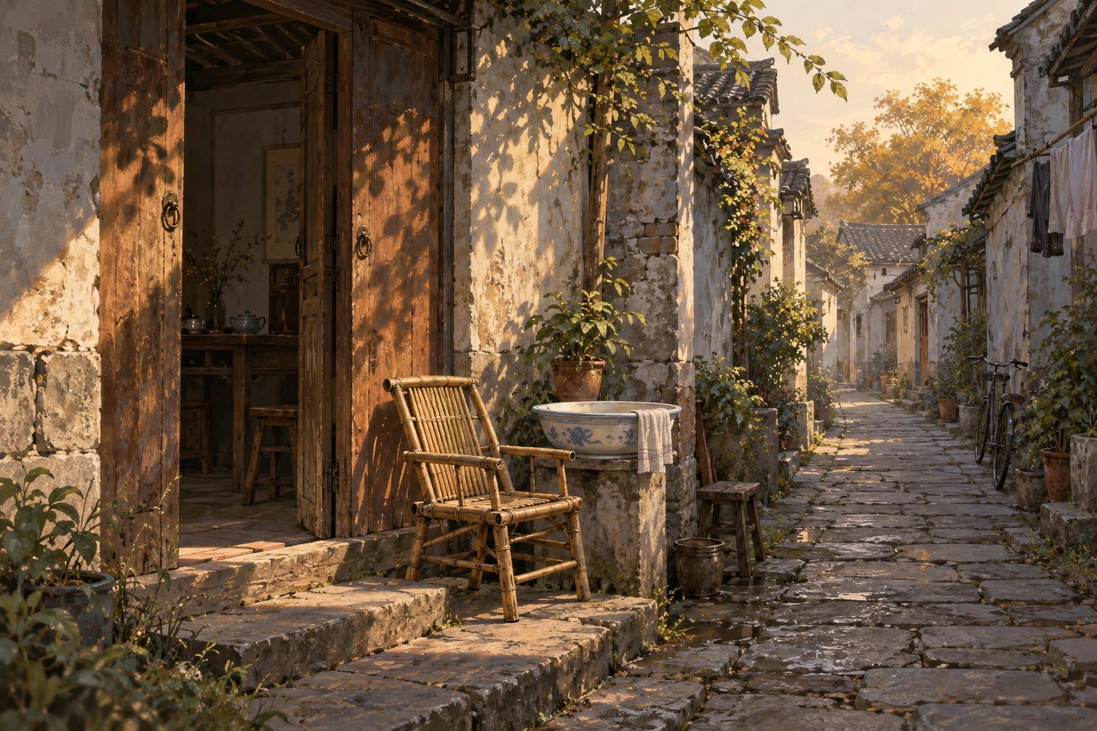 生活主题插画：夕阳照进老巷，敞开的木门旁摆着竹椅与洗脸盆，非影片场景