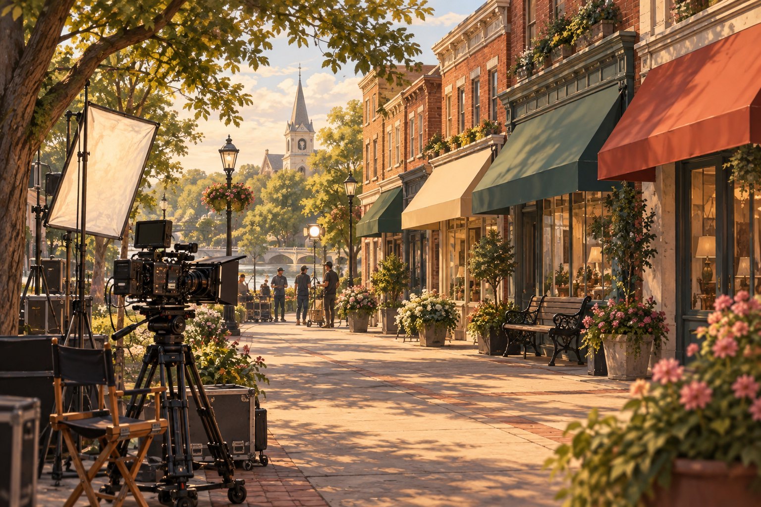 Conceptual illustration of a film camera and lighting equipment on a leafy suburban shopping street.